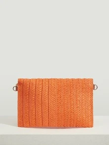 SHEIN VCAY 熒光橙鉚釘裝飾翻蓋鏈條草編包,完美適合夏天海灘旅行度假 - 橘色 - 查看 3