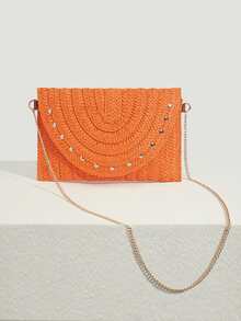 SHEIN VCAY 熒光橙鉚釘裝飾翻蓋鏈條草編包,完美適合夏天海灘旅行度假 - 橘色 - 查看 6