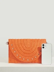 SHEIN VCAY 熒光橙鉚釘裝飾翻蓋鏈條草編包,完美適合夏天海灘旅行度假 - 橘色 - 查看 7