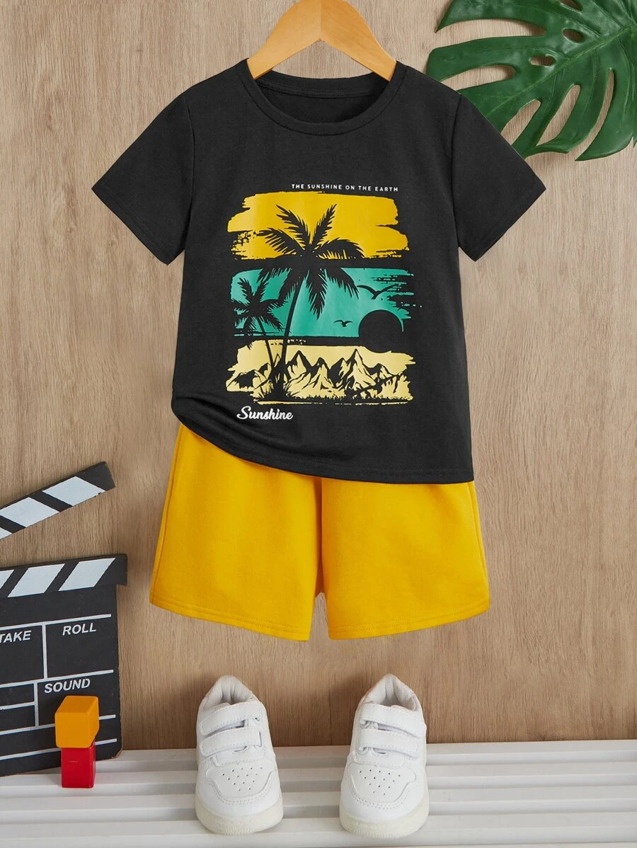 SHEIN Young Boy Toddler Boys Coconut Tree & Slogan Graphic Tee & Shorts - Yellow - View 1