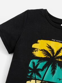SHEIN Young Boy Toddler Boys Coconut Tree & Slogan Graphic Tee & Shorts - Yellow - View 3