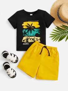 SHEIN Young Boy Toddler Boys Coconut Tree & Slogan Graphic Tee & Shorts - Yellow - View 5