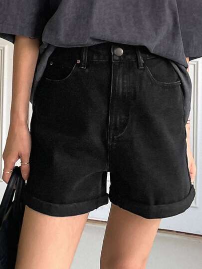 DAZY Solid Wide Leg Denim Shorts Jorts