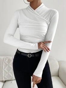 SHEIN Privé Solid Ruched Slim Fit Tee - White - View 3