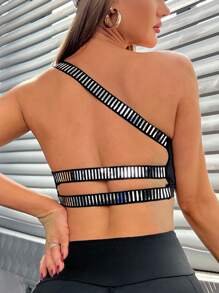 Light Support Sequin Tape Panel Sports Bra - Black - View 1