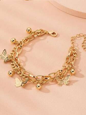 1pc European & American Style Butterfly Charm Bracelet, Elegant Bell Pendant Chain Bracelet, Fashionable & Chic Butterfly Pendant Metal Bracelet For Women