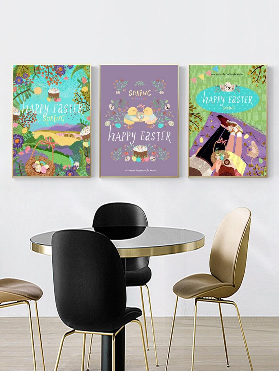 3pcs Easter Cartoon Graphic Unframed Painting - Multicolor - View 1