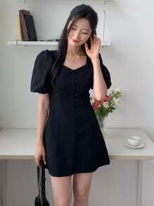 DAZY Sweetheart Neck Puff Sleeve Button Front Dress Sundress
