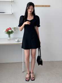 DAZY Sweetheart Neck Puff Sleeve Button Front Dress Sundress