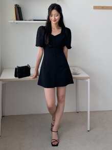 DAZY Sweetheart Neck Puff Sleeve Button Front Dress Sundress
