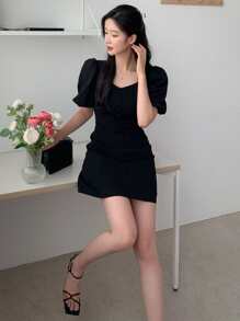 DAZY Sweetheart Neck Puff Sleeve Button Front Dress Sundress