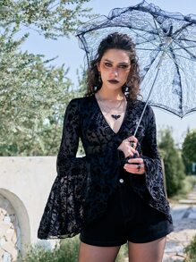 ROMWE Goth Floral Print Flounce Sleeve Teddy Bodysuit - Black - View 4