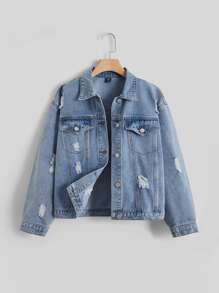 SHEIN 青少年女孩破洞翻蓋細節牛仔夾克 - 淺色水洗藍 - 查看 1