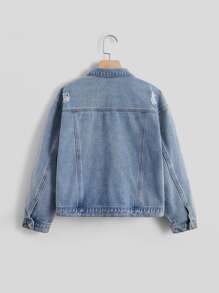 SHEIN 青少年女孩破洞翻蓋細節牛仔夾克 - 淺色水洗藍 - 查看 2