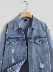 SHEIN 青少年女孩破洞翻蓋細節牛仔夾克 - 淺色水洗藍 - 查看 3