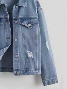 SHEIN 青少年女孩破洞翻蓋細節牛仔夾克 - 淺色水洗藍 - 查看 4