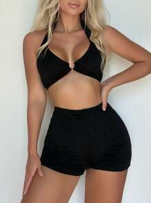 Ring Linked Halter Summer Beach Bikini Set - Black - View 2