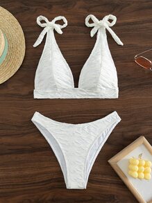 Tie Shoulder 三角型夏季沙灘比基尼套裝 - 白色 - 查看 1