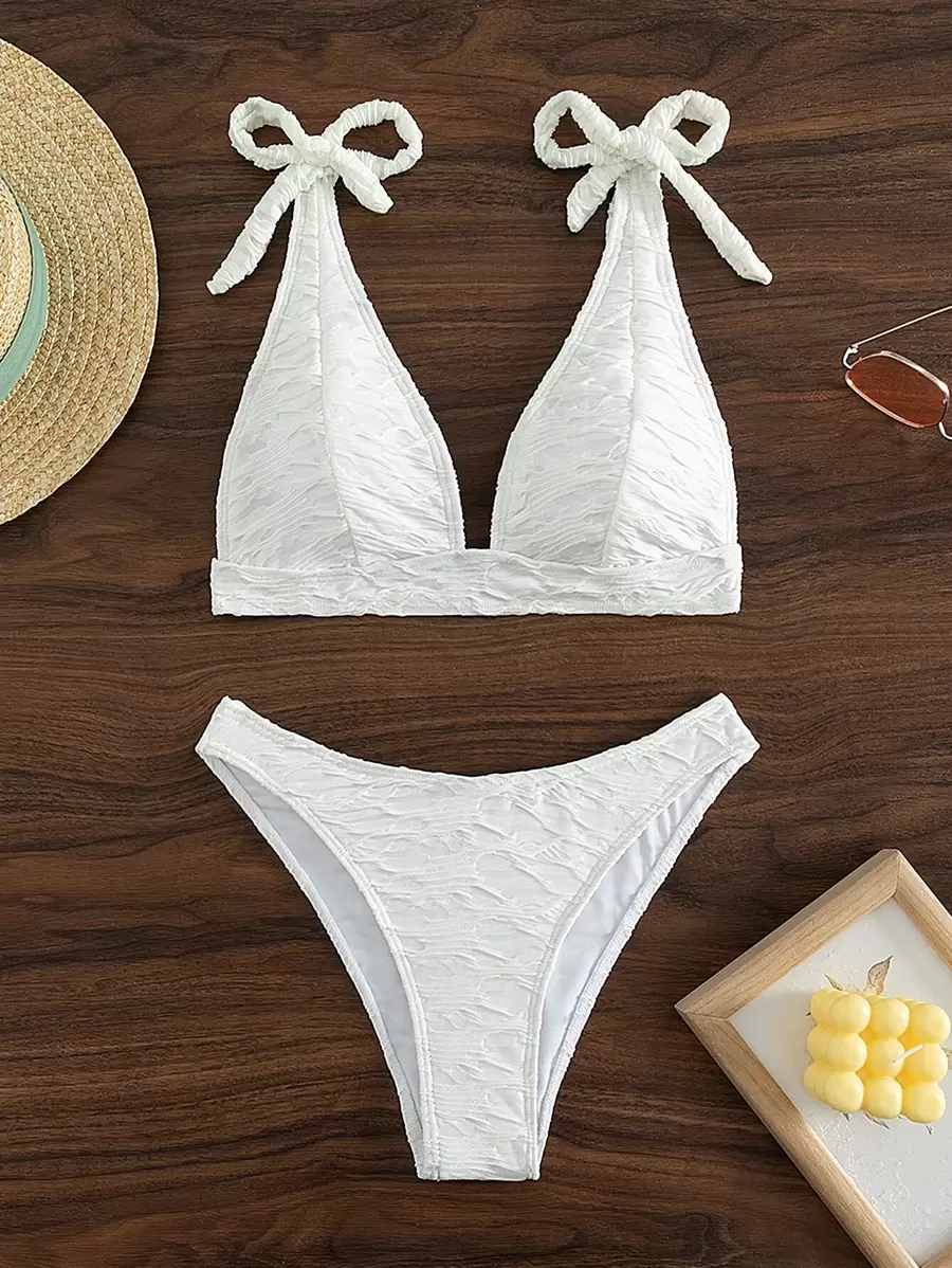 Tie Shoulder 三角型夏季沙灘比基尼套裝 - 白色 - 查看 1