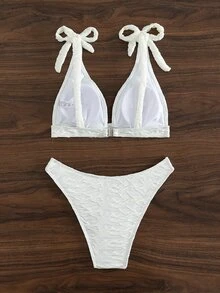 Tie Shoulder 三角型夏季沙灘比基尼套裝 - 白色 - 查看 2