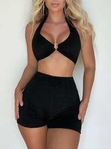 Ring Linked Halter Summer Beach Bikini Set - Black - View 1