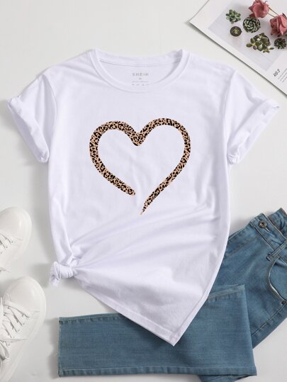 INAWLY Camiseta con estampado de leopardo y corazón, camisetas con estampado de guepardo para mujer
