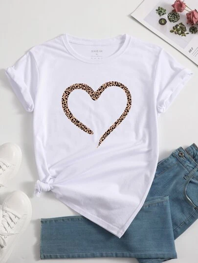 INAWLY Leopard & Heart Print Tee Graphic Cheetah Print Tees Women Tops