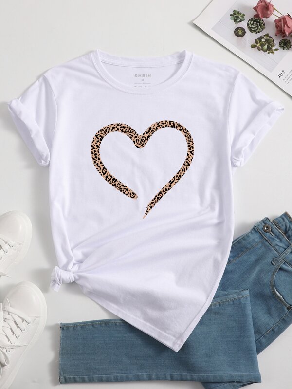 INAWLY Leopard & Heart Print Tee Graphic Cheetah Print Tees Women Tops