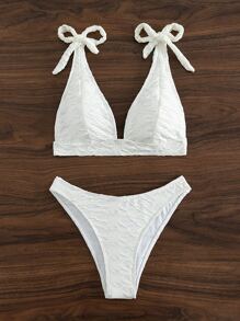 Tie Shoulder 三角型夏季沙灘比基尼套裝 - 白色 - 查看 4