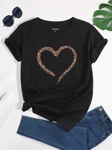 INAWLY Leopard & Heart Print Tee Graphic Cheetah Print Tees Women Tops - Black - View 1