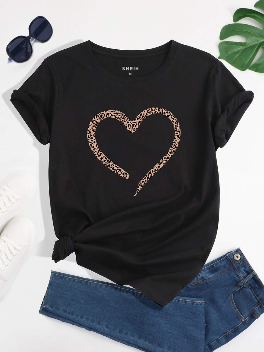 INAWLY Leopard & Heart Print Tee Graphic Cheetah Print Tees Women Tops - Black - View 1
