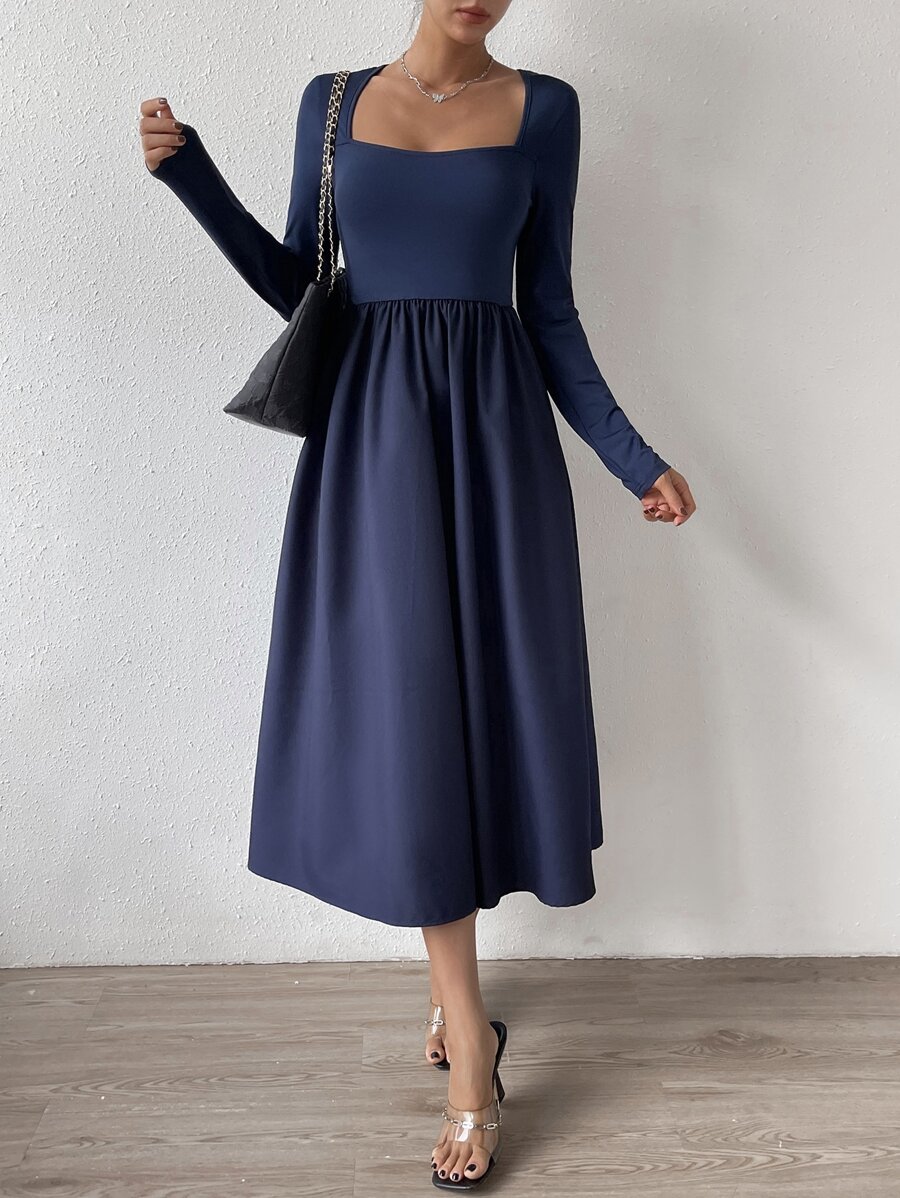 SHEIN Privé Vestido línea A de cuello cuadrado - Azul Marino - Ver 1