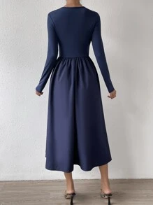 SHEIN Privé Vestido línea A de cuello cuadrado - Azul Marino - Ver 2