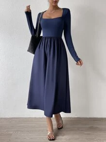 SHEIN Privé Vestido línea A de cuello cuadrado - Azul Marino - Ver 3