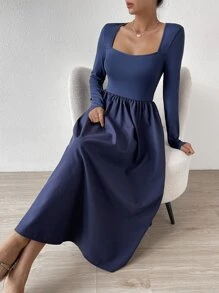 SHEIN Privé Vestido línea A de cuello cuadrado - Azul Marino - Ver 4