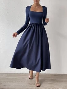 SHEIN Privé Vestido línea A de cuello cuadrado - Azul Marino - Ver 5