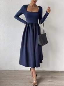 SHEIN Privé Vestido línea A de cuello cuadrado - Azul Marino - Ver 6
