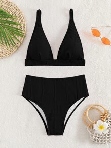 SHEIN Swim Summer Beach Ribbed Bikini Set Tank Bra & High Waisted Bottom 2 Piece Bathing Suit - Black - View 3