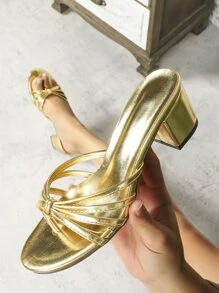 女士金屬質感度假粗跟丁字褲魅力四射夏天高跟涼鞋 - 金色 - 查看 4