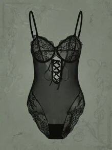 ROMWE Goth 繫帶蕾絲拼接性感緊身連體衣 - 黑色 - 查看 1