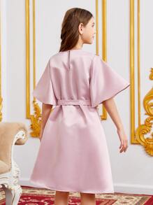 SHEIN Đầm Gái Thắt lưng Nút Tương phản ren Hoa Buổi tiệc - Màu Hồng baby - Xem 2