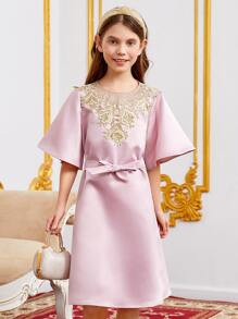 SHEIN Đầm Gái Thắt lưng Nút Tương phản ren Hoa Buổi tiệc - Màu Hồng baby - Xem 4