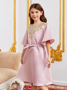 SHEIN Đầm Gái Thắt lưng Nút Tương phản ren Hoa Buổi tiệc - Màu Hồng baby - Xem 7