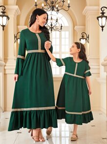 SHEIN Unity 1入組提花蕾絲荷葉袖荷葉邊連衣裙 - 墨綠色 - 查看 6