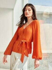 BizChic Lantern Sleeve Belted Blouse