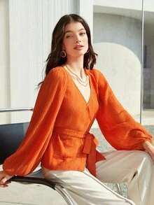 BizChic Lantern Sleeve Belted Blouse