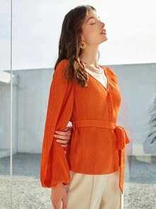 BizChic Lantern Sleeve Belted Blouse