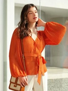 BizChic Lantern Sleeve Belted Blouse
