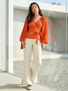 BizChic Lantern Sleeve Belted Blouse