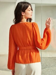 BizChic Lantern Sleeve Belted Blouse